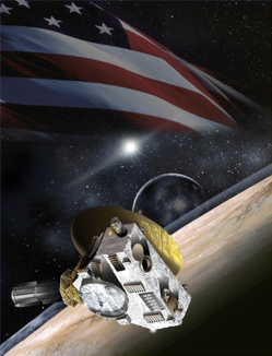 New Horizons with the stars and stripes in the background