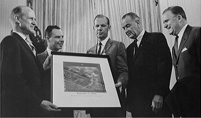 President Johnson congratulates NASA and Mariner IV team leaders