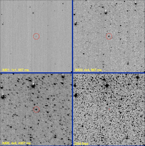 A montage showing the effects of using different resolutions and exposure times during LORRI observations of Pluto on October 6, 2007.