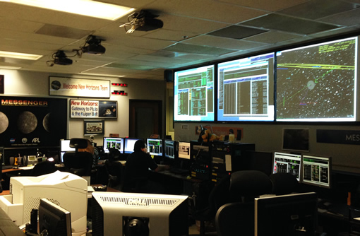 Flight controllers in the New Horizons Mission Operations Center at the Johns Hopkins University Applied Physics Laboratory